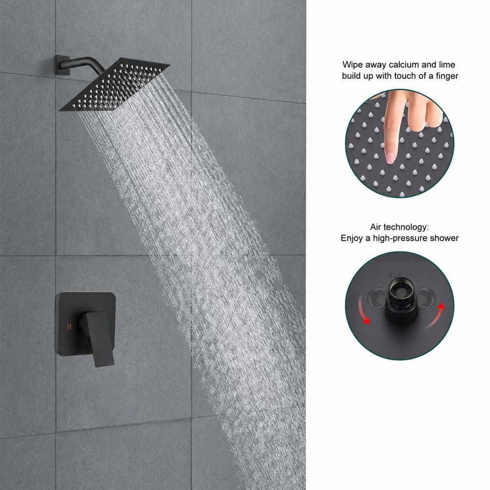 LAIFUCAM 1-Piece 8 in. Square Shower Faucet Set w/ Valve and Rainfall Shower Head in Matte Black Finish for Bathroom Wall Mount (2)