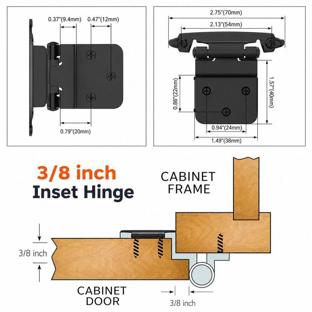 Numhew 3/8 in. Inset Cabinet Hinges Self Closing Flush Face Mount Hinges Matte Black for Cabinets, Bathroom Vanities (50-Pack) (2)