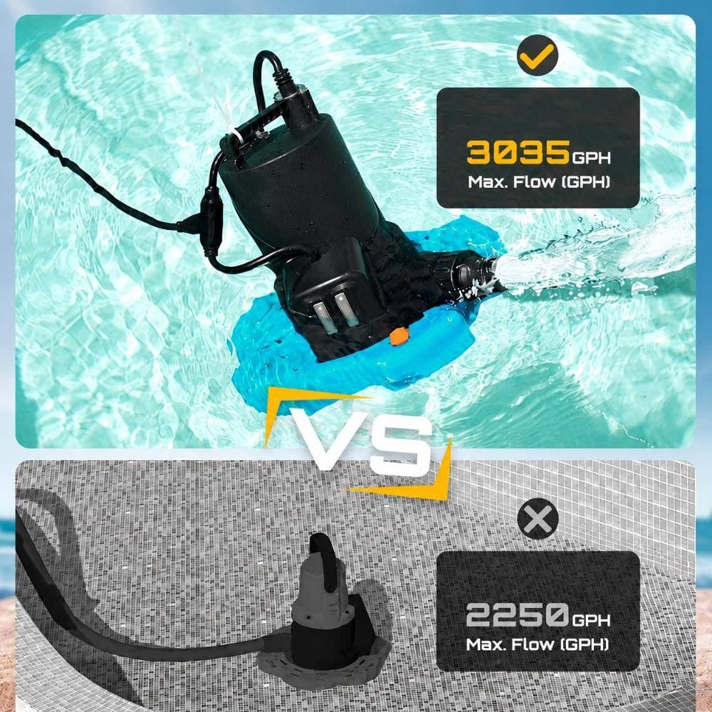 Unbranded 1/3 HP Automatic Pool Cover Pump, 3035 GPH Submersible Water Pump with 30 ft Lift, Filter Net, 25 ft Cord (3)