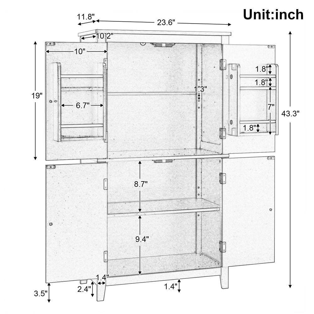 Unbranded 23.6 in. W x 11.8 in. D x 43.3 in. H White MDF Freestanding Bath Linen Cabinet w/ 4-Doors Adjustable Shelves Door Racks (2)