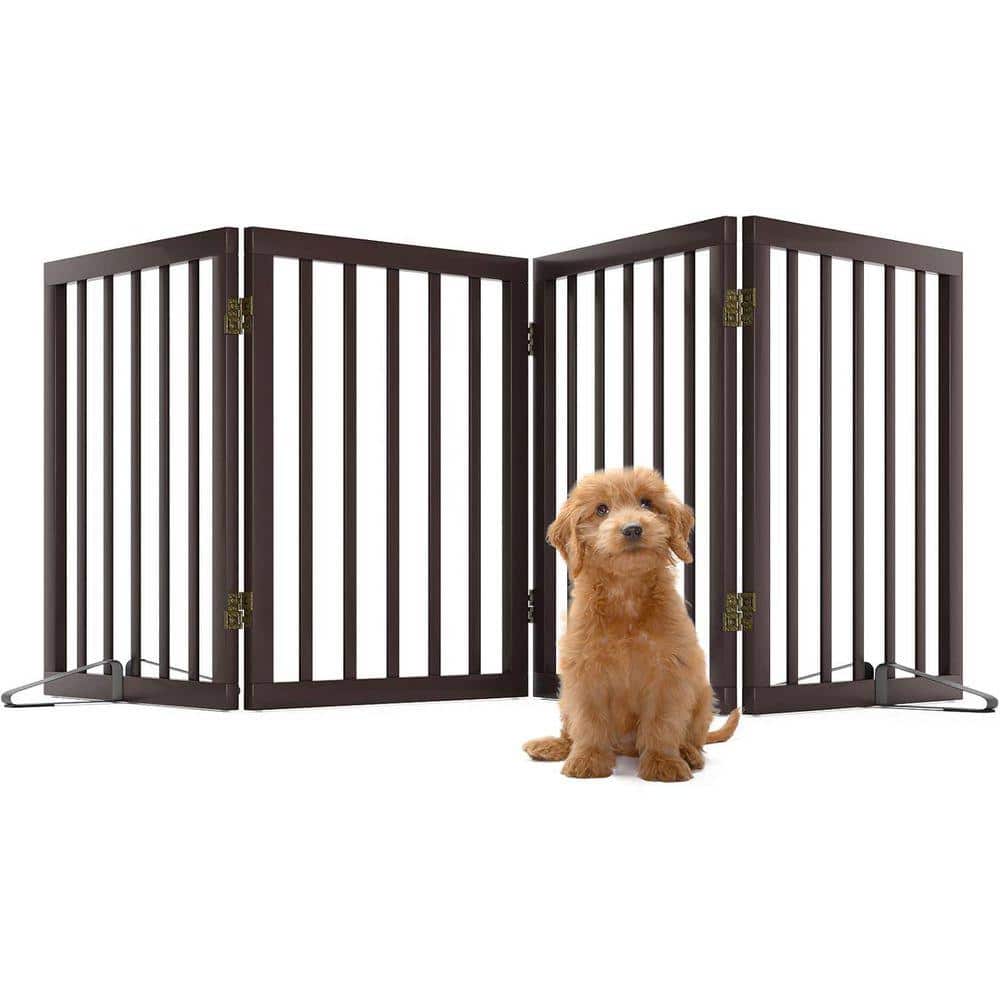 KIWDZFU Freestanding Foldable Wooden Dog Gate 4 Panel Pet Barrier Extra Wide 24in Height with 2 Support Feet for Indoor Use (2)