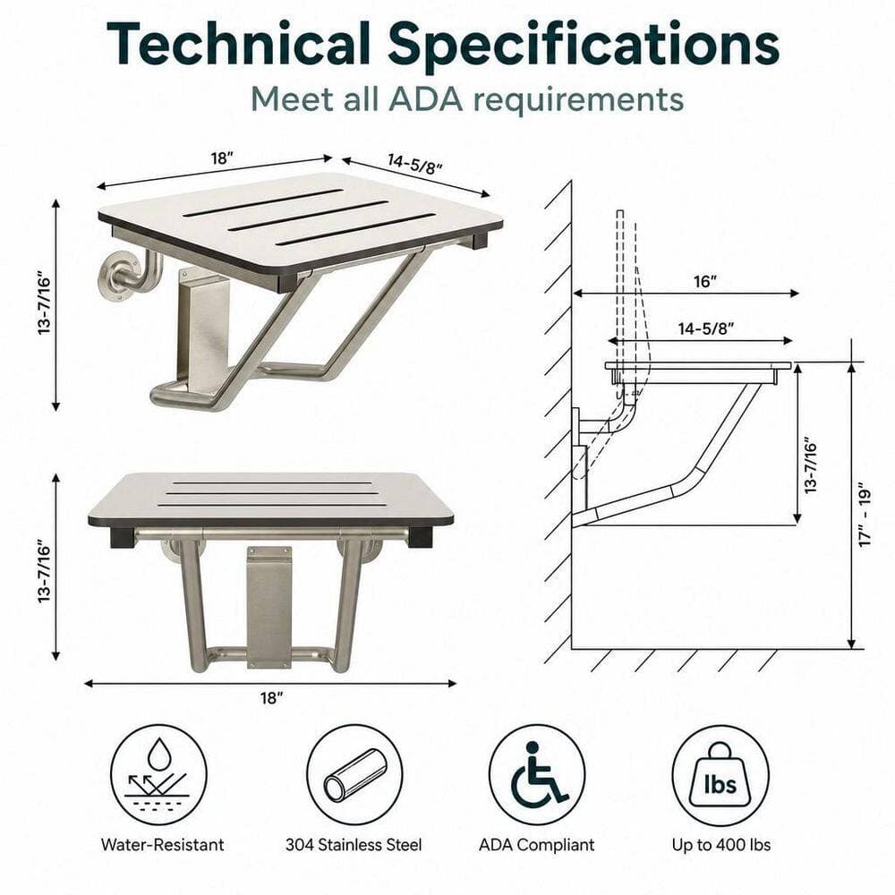 Numhew 18 in. Folding Shower Seat in White, Wall Mount Bathroom Shower Chair with Stainless Steel Support, 400 lb. Capacity (2)