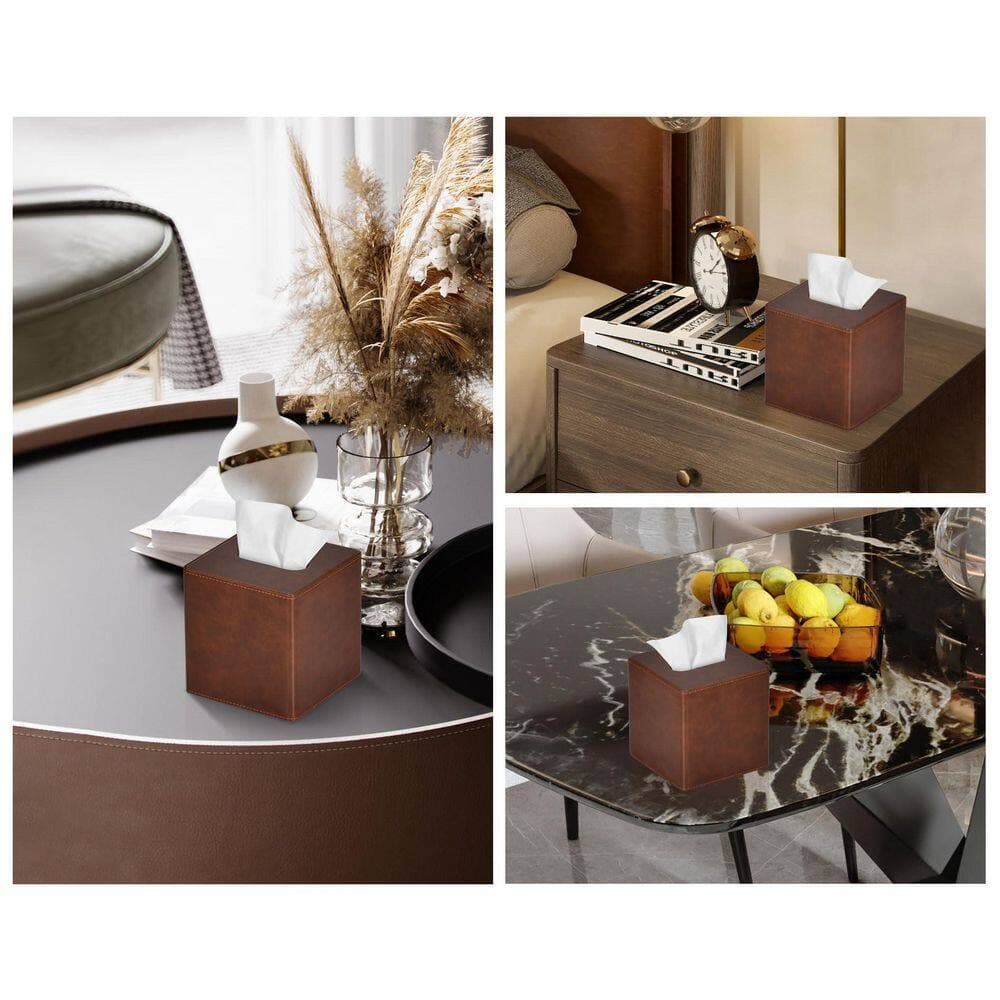 KHKFY Square PU Leather Tissue Box Cover with Magnetic Closure for Desk, 5.51 in. x 5.51 in. x 5.71 in. Brown (3)