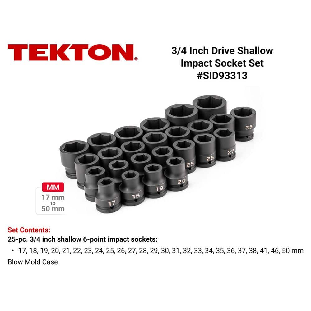 TEKTON 3/4 in. Drive 6-Point Impact Socket Set with Case, 25-Piece (17-50 mm, Common Sizes) (2)