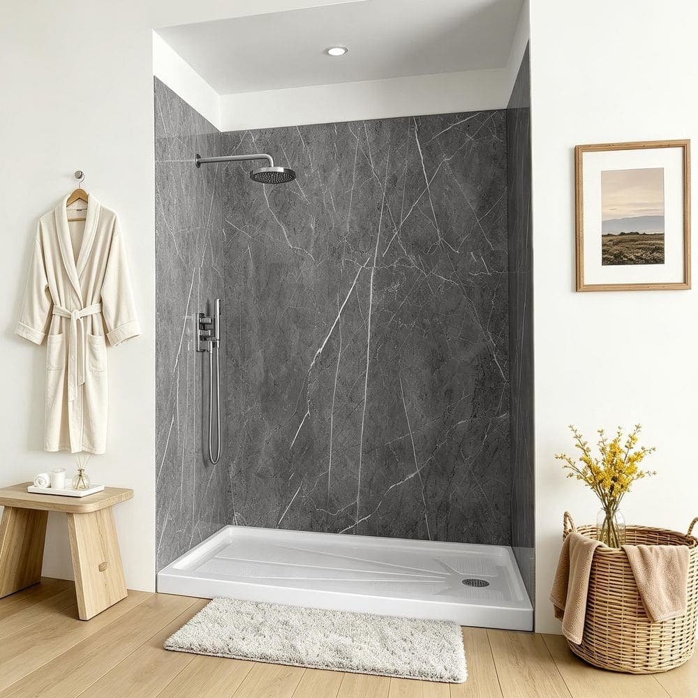 ishower X Marble 60 in. L x 32 in. W x 80 in. H 3-Piece Alcove Acrylic Shower Wall Set Glue Up Shower Surrounds in Gray Marble (2)
