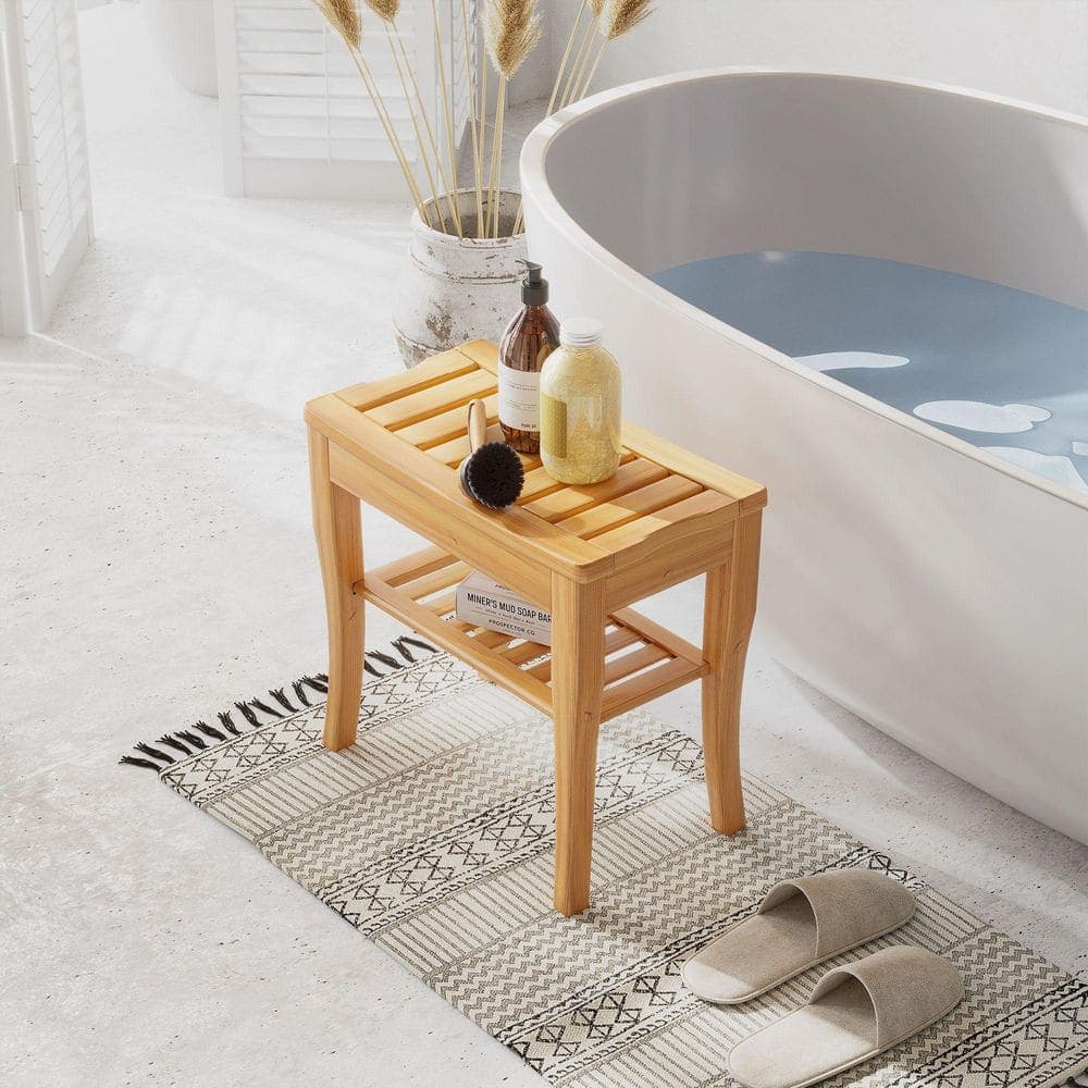 RKZHOPT 10.25 in. D x 17.5 in. W x 18.75 in. H Freestanding Walk In Shower Seat in Brown with Storage Shelf (2)