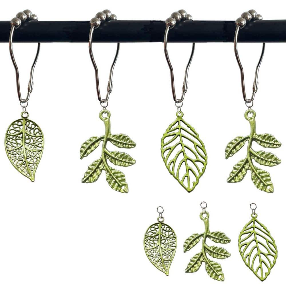 KHKFY 12-Pack Green Leaf Metal Shower Curtain Hooks with 5-Roller Balls, Rustproof Stainless Steel Rings Unit (3)
