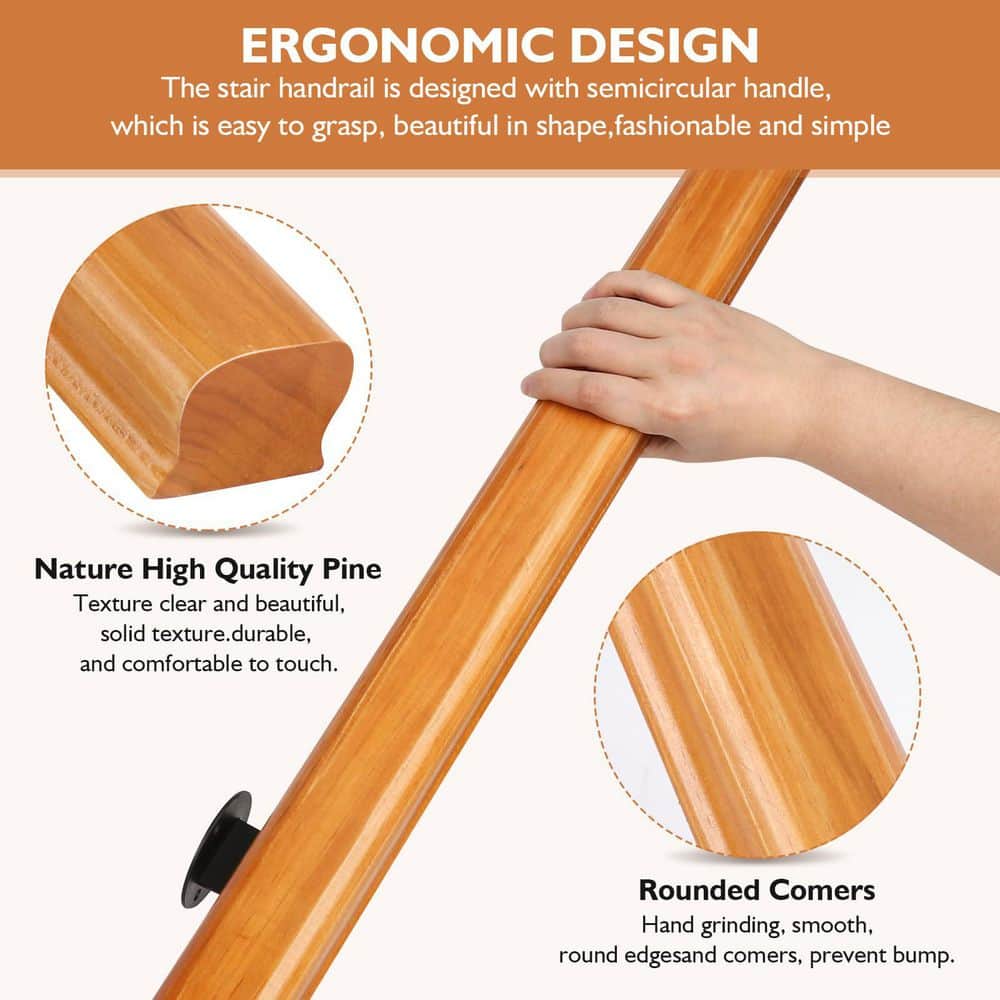 Unbranded 3FT Solid Wood Stair Handrail Wall Mounted Non-Slip Safety Design w/ Banister Hardware and Brackets for Indoor Outdoor (3)