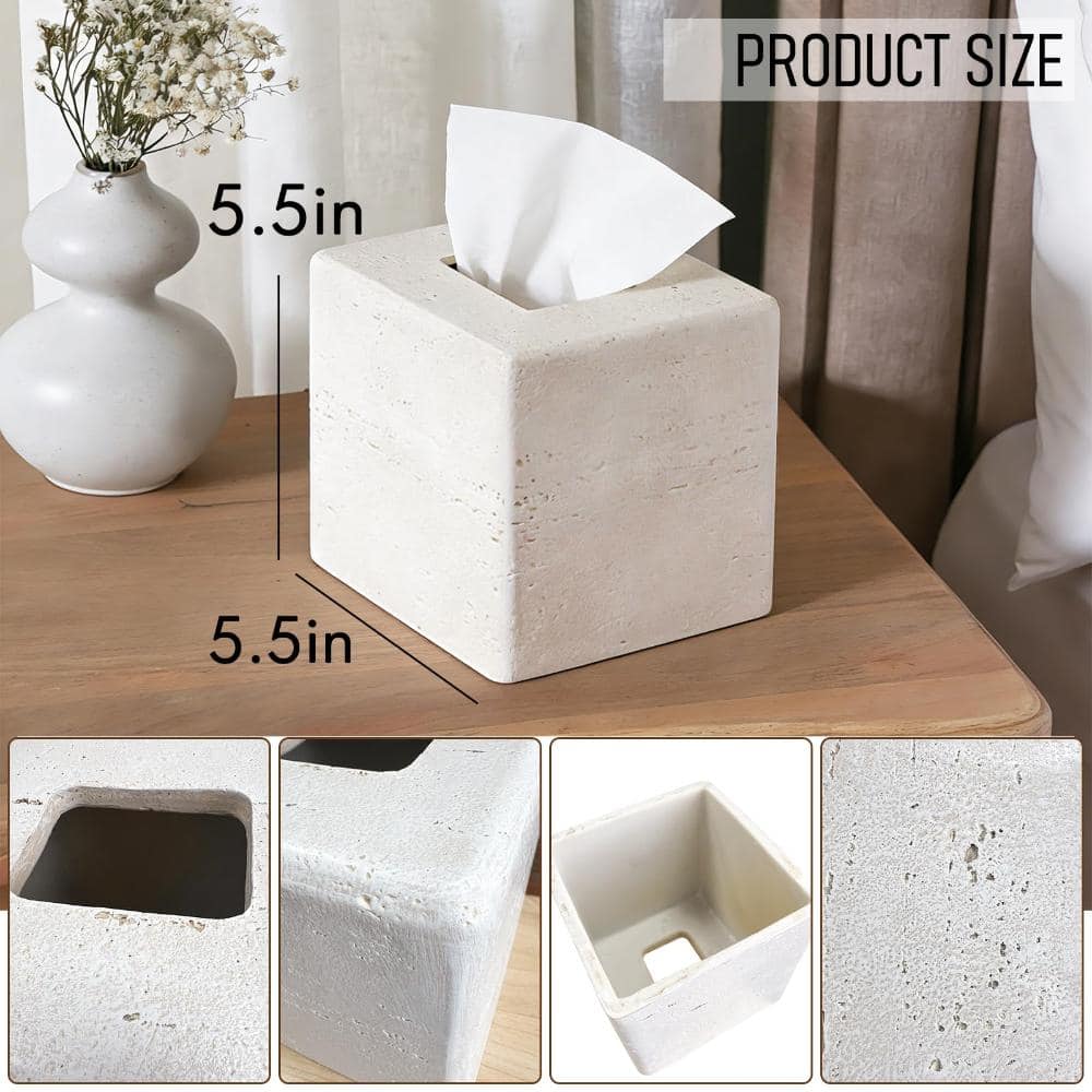 Unbranded Square Stone-Look Resin Tissue Box Cover, White, 5.5 in L x 5.5 in W x 5.5 in H, Standard Fit Home Decor (2)