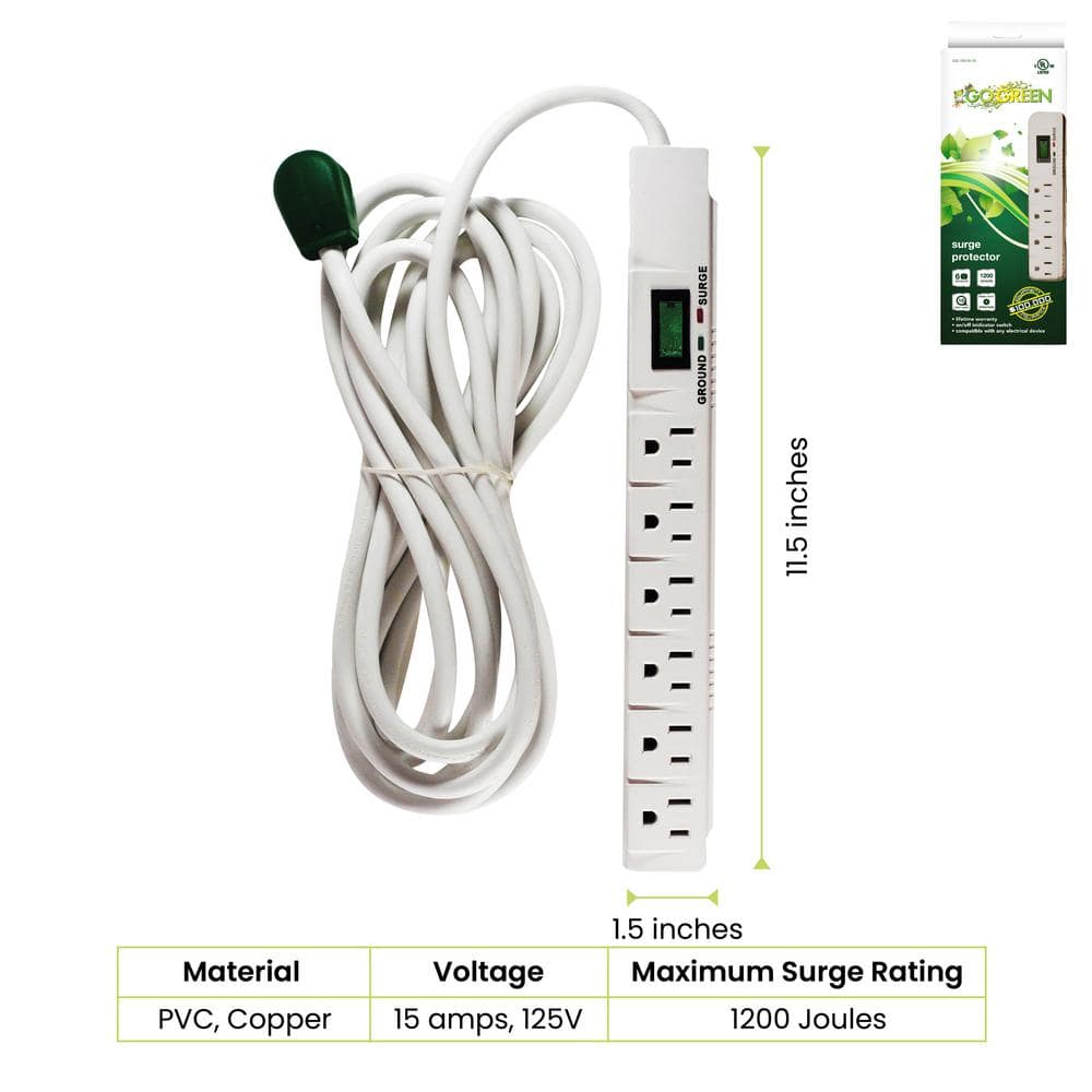 GoGreen Power 6 Outlet Surge Protector w/ 15 ft. Heavy Duty Cord (2)