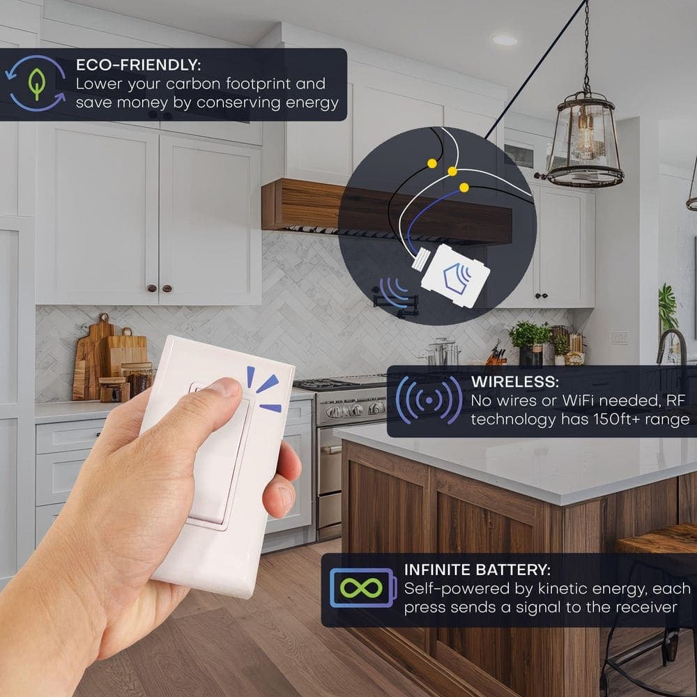 RunLessWire Battery-Free Wireless Light Switch Kit, Single Pole: 1 Remote Switch Controls 1 On/Off 5amp Receiver - Brown (2)