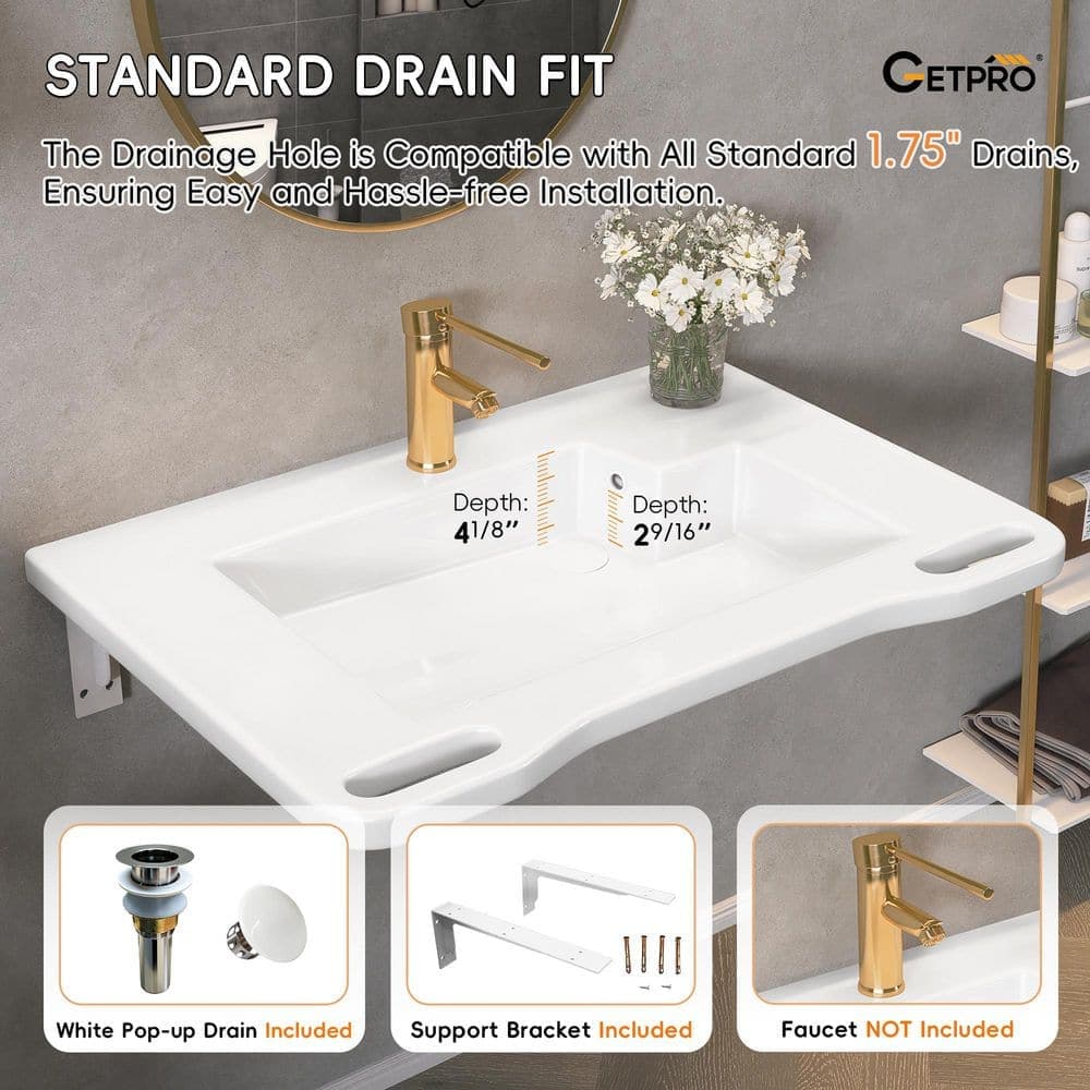 Getpro 31.5 in. Wall-Mounted ADA Compliant Accessible Rectangular Bathroom Sink Lavatory Vessel Ceramic Sink in Glossy White (2)