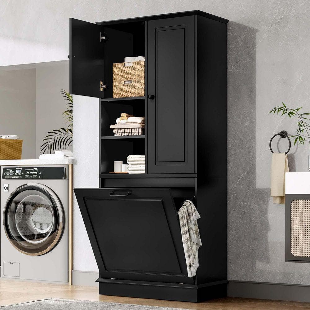 XUJMK 30 in. W x 14 in. D x 68 in. H Black Linen Cabinet, Bathroom Storage Cabinet, Large Flip-Out Basket, Adjustable Shelves (2)