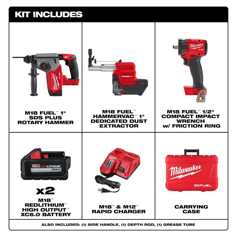 Milwaukee M18 FUEL 18V Lith-Ion Brushless 1 in. Cordless SDS-Plus Rotary Hammer w/2 Batteries & M18 FUEL 1/2 in. Impact Wrench (2)