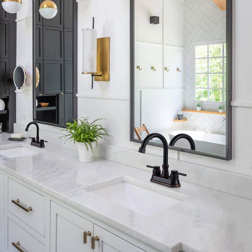 IVIGA 4 in. Centerset 3-Hole Double Handle High Arc Bathroom Faucet with Pop Up Drain and Supply Hoses in Oil Rubbed Bronze (2)