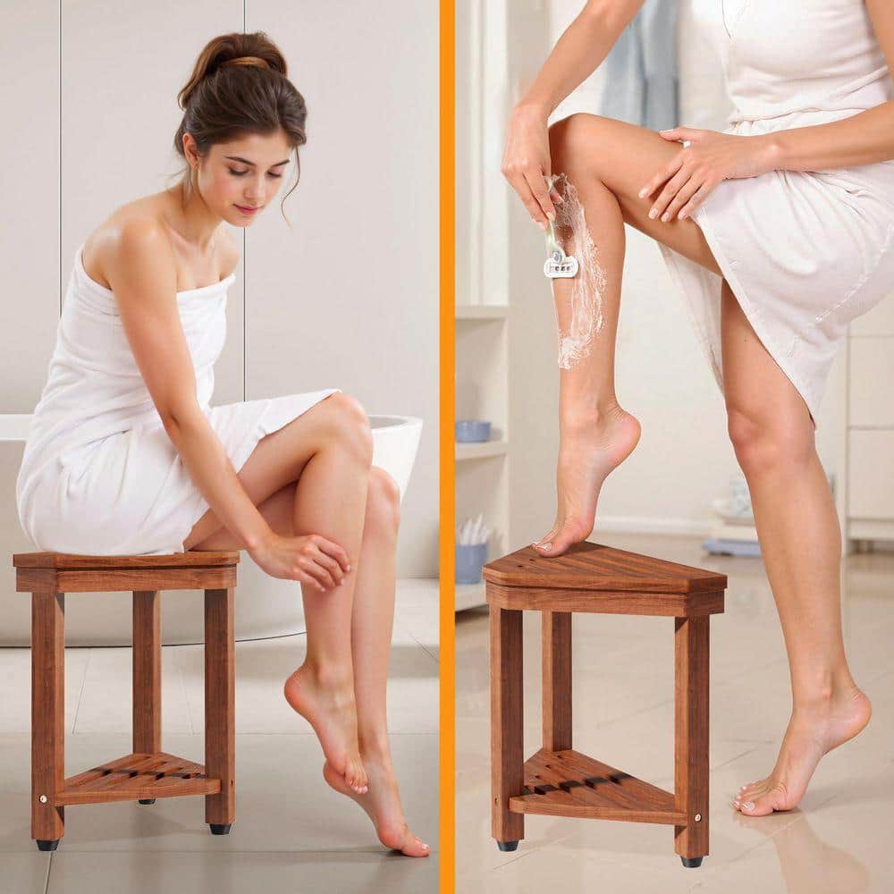 Lynzavix 15 in. W Corner Shower Stool Acacia Wood with Storage Shelf for Small Spaces Freestanding in Brown (3)