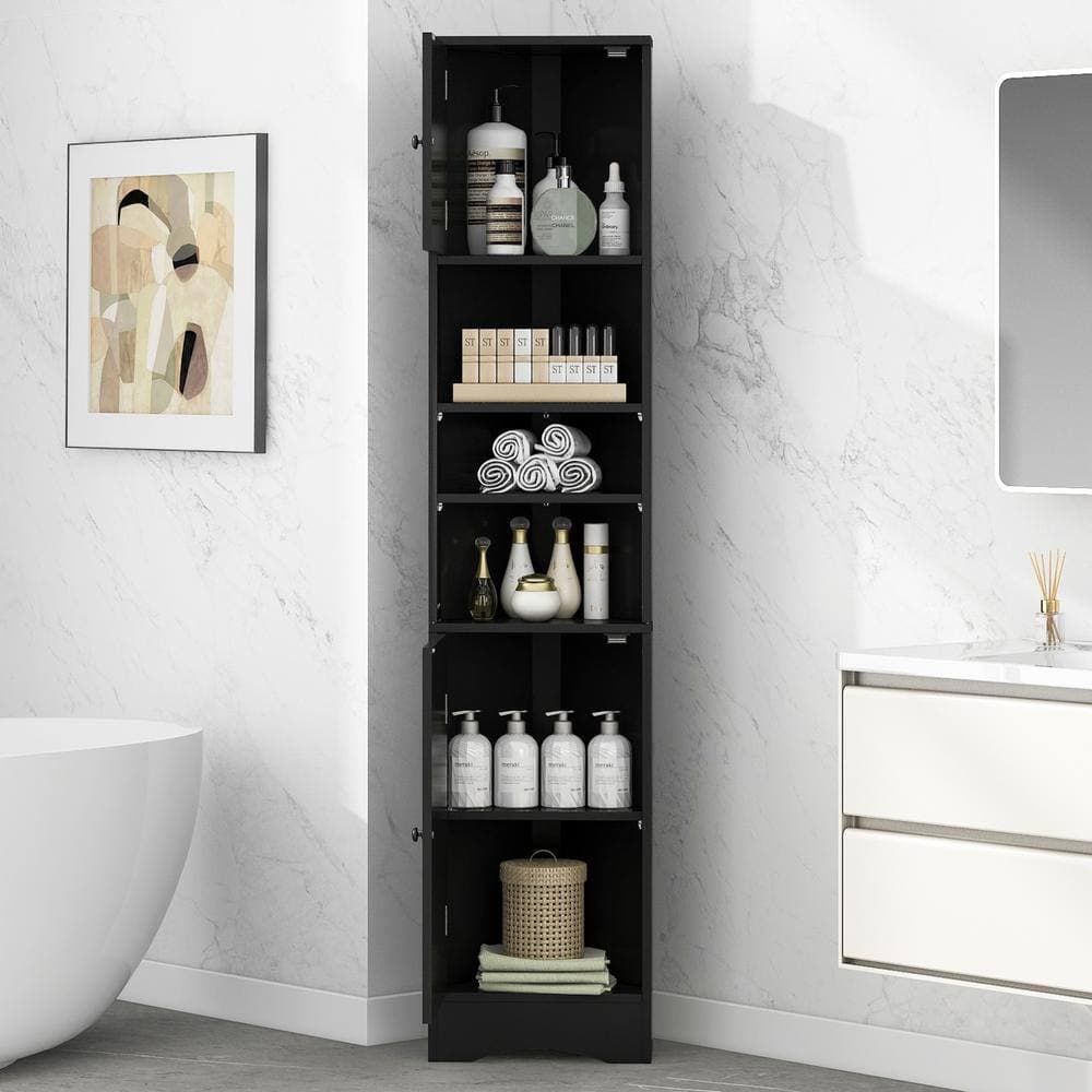YSQCAR 15 in. W x 10 in. D x 67 in. H Freestanding Black Linen Cabinet with 2 Doors and Adjustable Shelves (2)