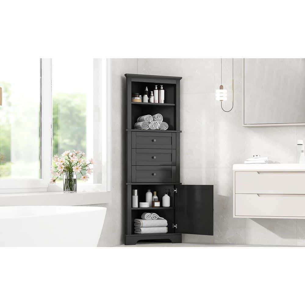 Lycvki 23 in. W x 13.4 in. D x 68.9 in. H Black Linen Cabinet with 3 Drawers and Adjustable Shelves (3)
