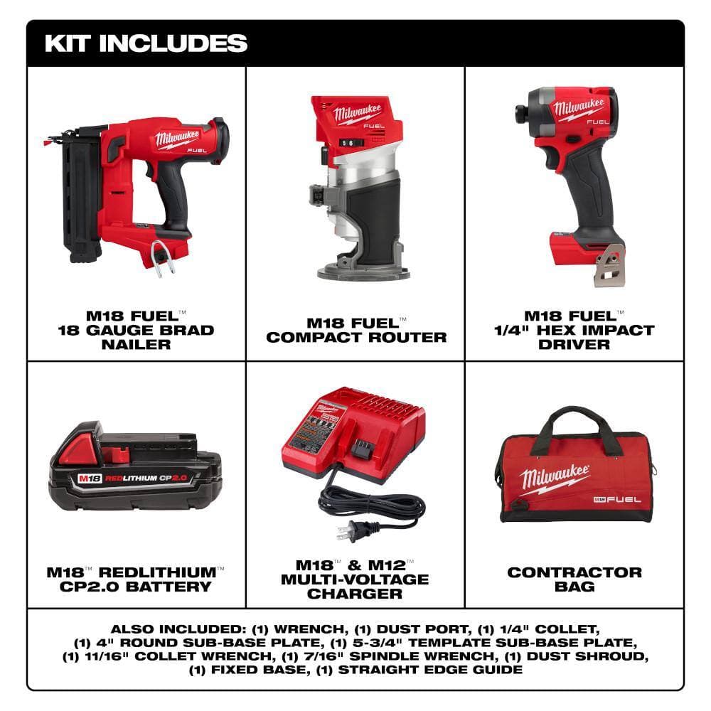 Milwaukee M18 FUEL GEN II 18V 18-Gauge Lith-Ion Brushless Cordless Brad Nailer Kit w/ One 2.0 Ah Battery, Router, & Impact Driver (3)