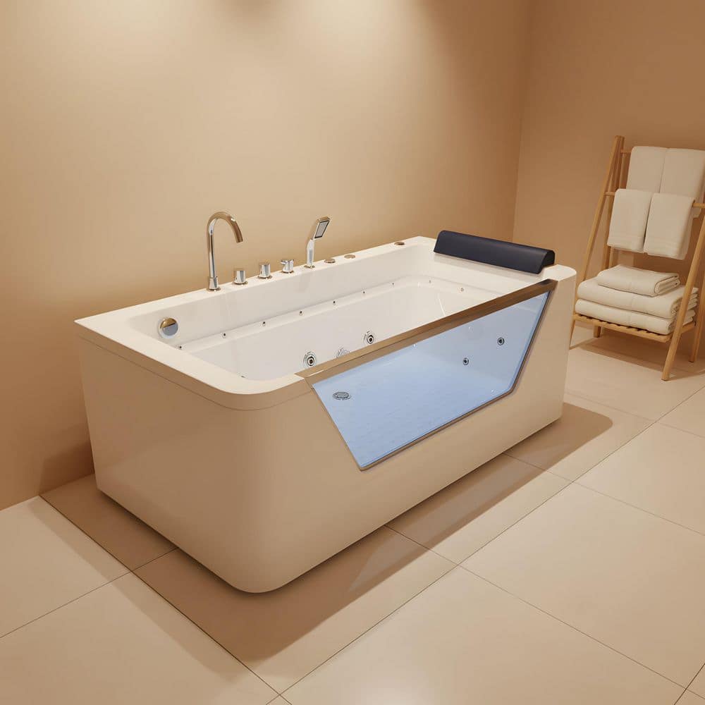 LIVACA 67 in. x 32 in. Whirlpool Jetted Bathtub with Rectangle Drain in Milk White Acrylic and Tempered Glass Panel (3)