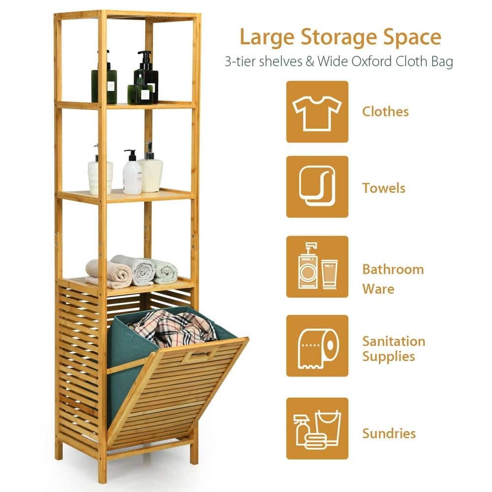 HONGGE Bamboo Tower Hamper Organizer with 3-Tier Shelves Tilt-Out Front and Removable Oxford Liner 55 lb. (3)