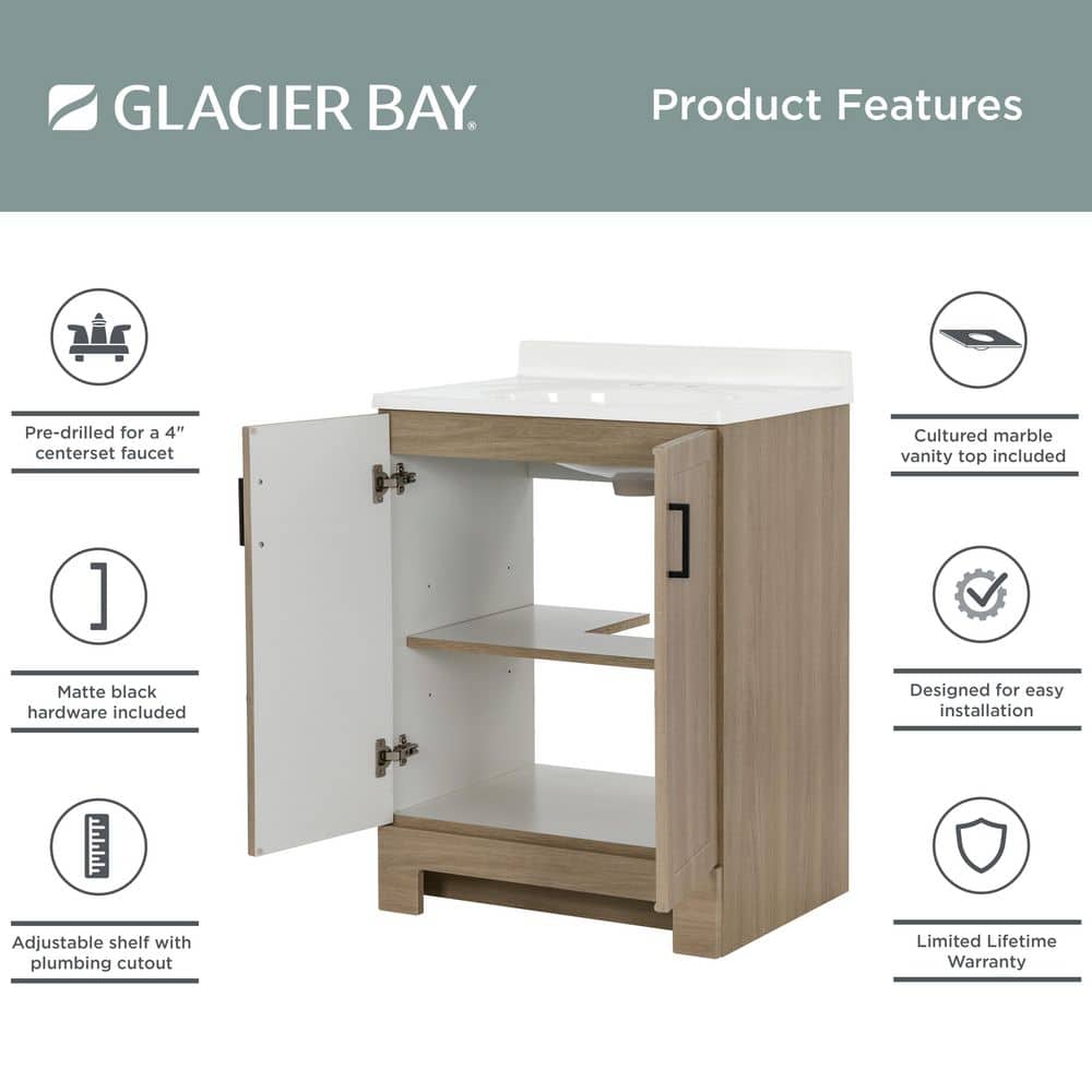 Glacier Bay Oakley 25 in. Single Sink Beige Oak Freestanding Bath Vanity with White Cultured Marble Top (Assembled) (4)