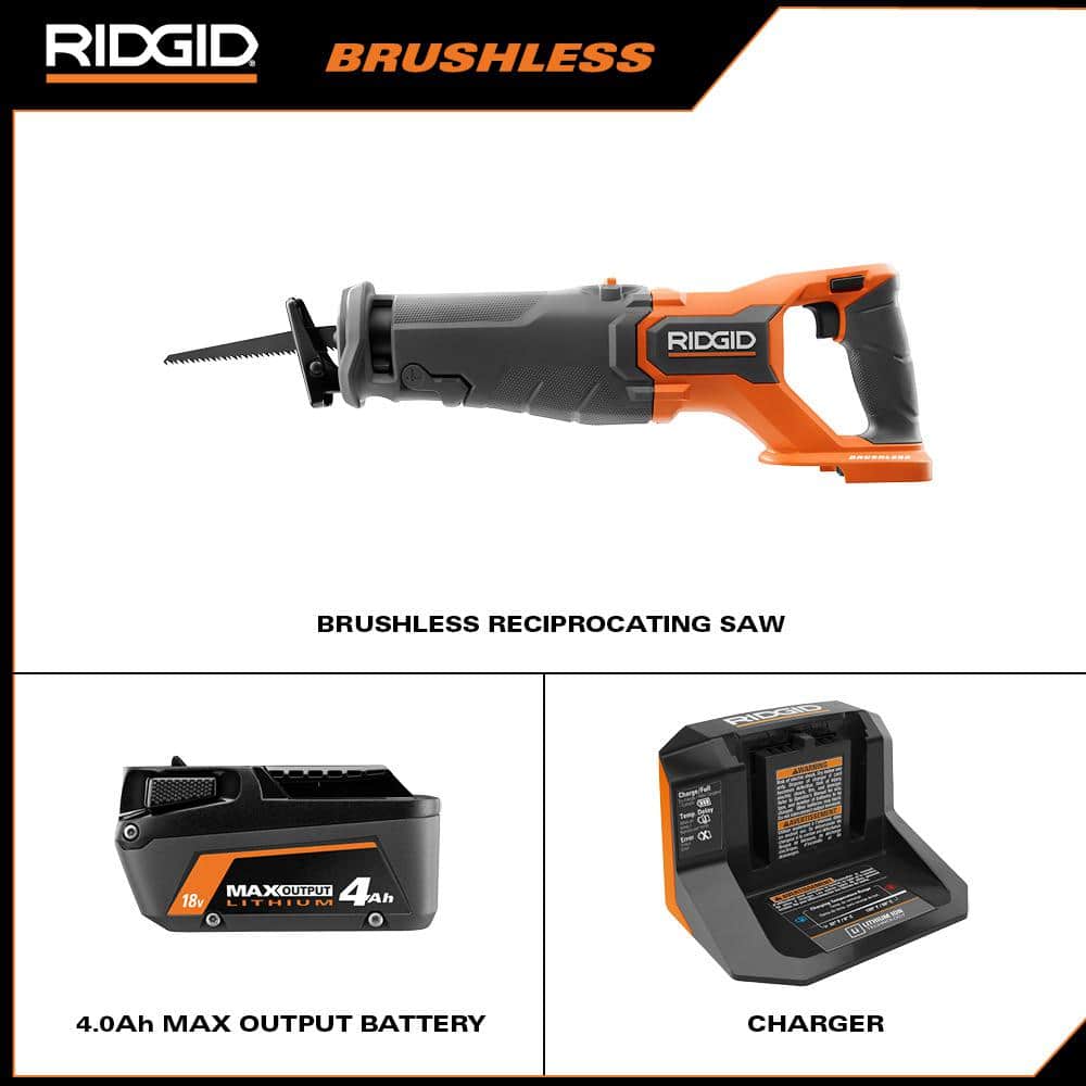 RIDGID 18V Brushless Cordless Reciprocating Saw Kit with (1) 4.0 Ah Battery and Charger (2)