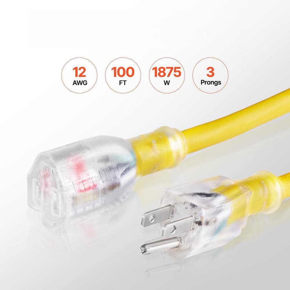 BIBIVIS 100 ft. Indoor/Outdoor Extension Cord with Lighted End for Lawn Garage Home Use, 12AWG 15 Amps 1875W, 3 Prongs, Yellow (2)