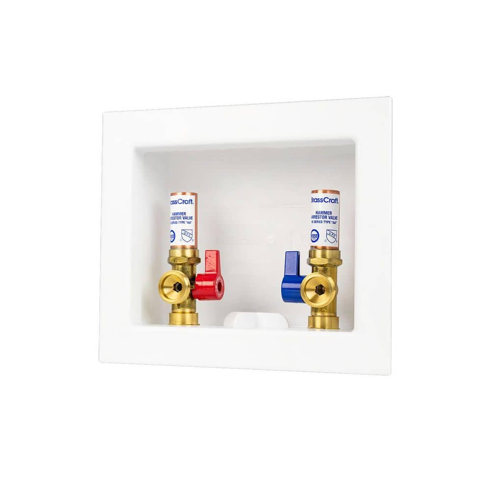 BrassCraft 1/2 in. NOM CPVC x 3/4 in. MHT Washing Machine Valves (1/4 Turn Brass Ball Valves) with Outlet Box and Hammer Arrestors (1)