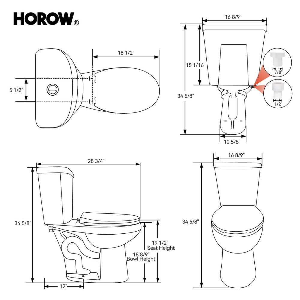 HOROW 19 in. ADA Tall 2-Piece 1.1/1.6 GPF Dual Flush Elongated Toilet in White  Flush, Soft-Close Seat Included (3)