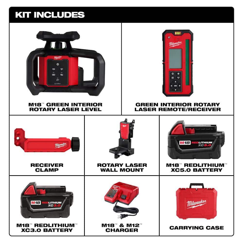 Milwaukee M18 1000 ft. Green Interior Rotary Laser Level Kit with M18 XC5. 0 Battery (2)