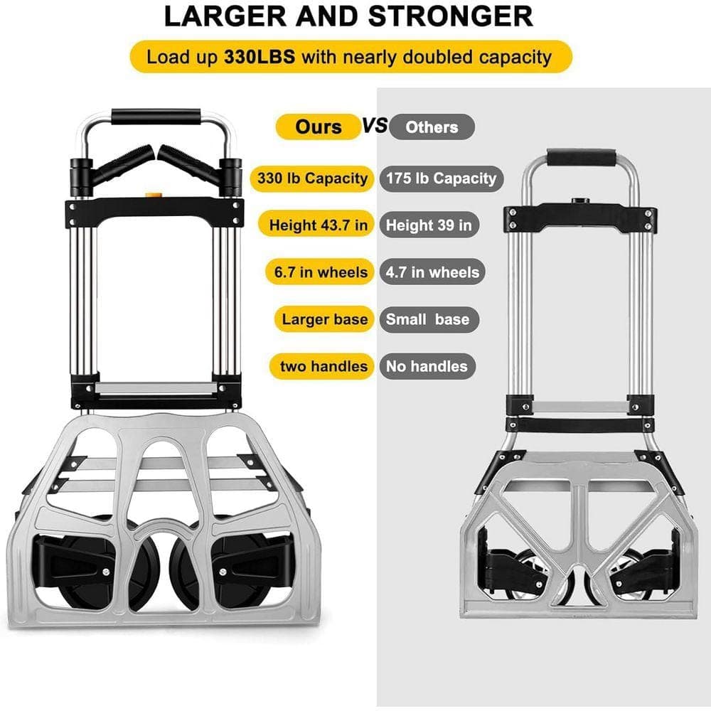 Primehome 330 lbs. Capacity Aluminum Folding Hand Truck, Portable Dolly Cart with Telescoping Handle and Rubber Wheels (3)