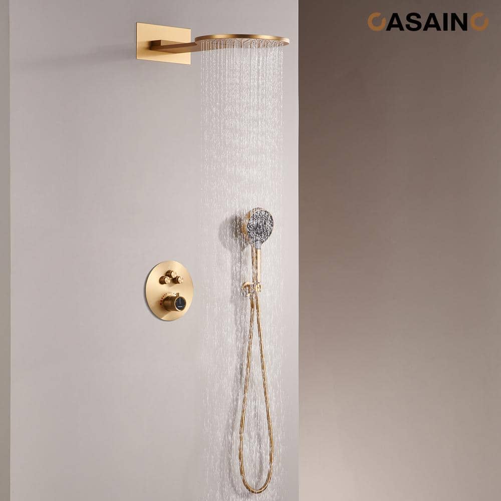 CASAINC Single Handle 3-Spray 2-function Luxury Thermostatic Dual Shower Faucet 2.5 GPM with Waterfall in. Brushed Gold (2)