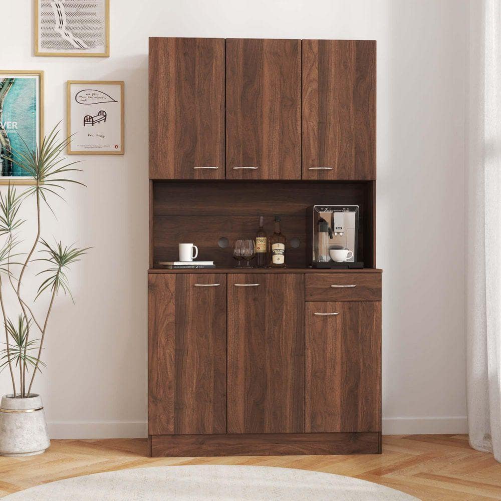 XUJMK 39 in. W x 15 in. D x 71 in. H Brown Linen Cabinet, Tall Wardrobe, Kitchen Cabinet with 6-Doors, 1 Shelves, 1-Drawer (1)