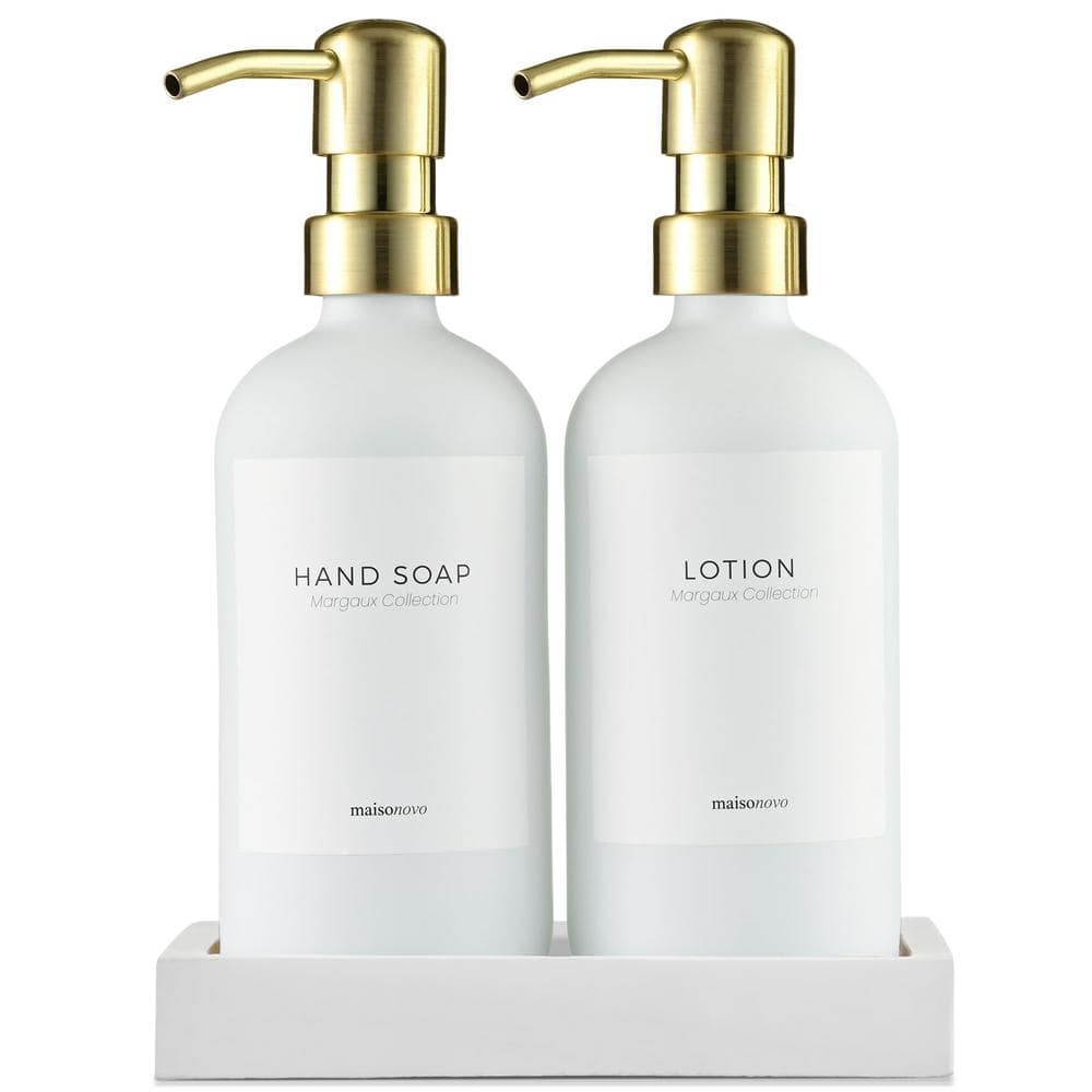 Adrinfly 2-Pieces, Glass Hand Soap and Lotion Dispenser with Hand Made Concrete Tray in White Bottles and Gold Pumps