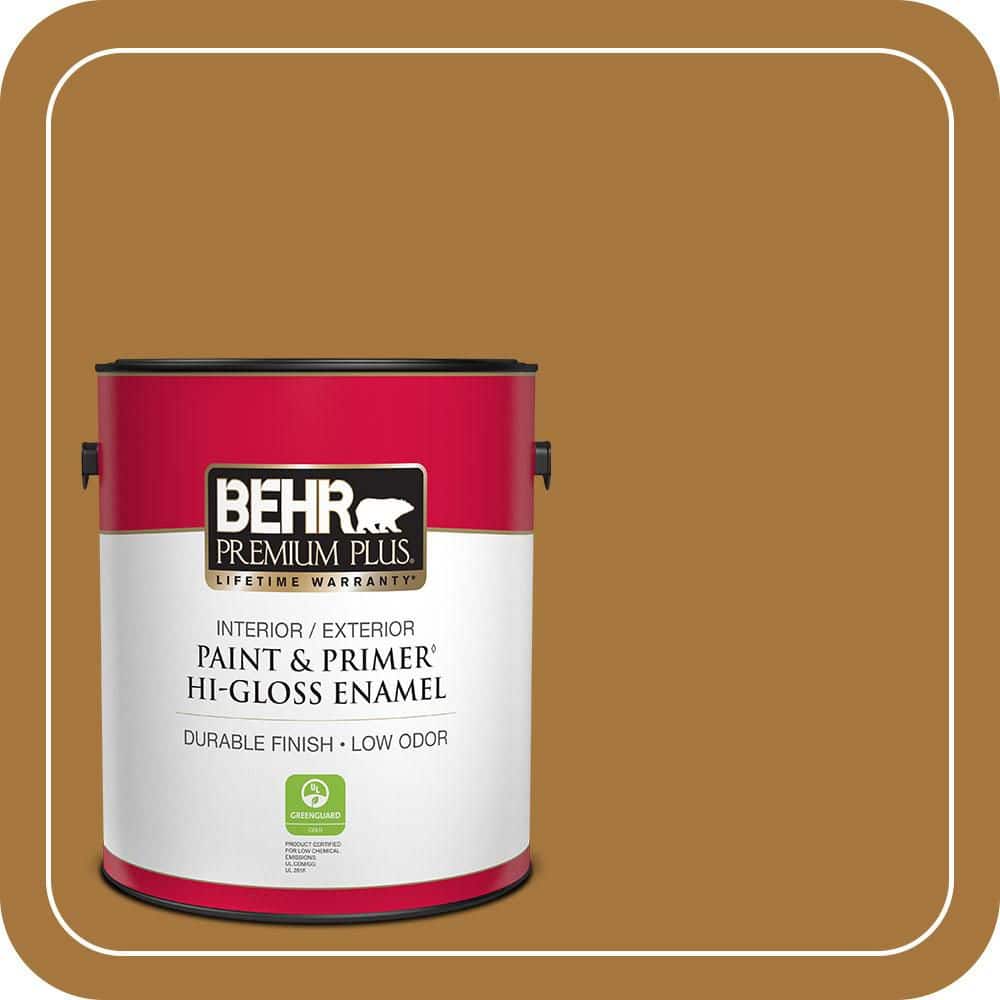 BEHR PREMIUM PLUS 1 gal. #MQ4-6 Invitation Gold Hi-Gloss Enamel Interior/Exterior Paint & Primer