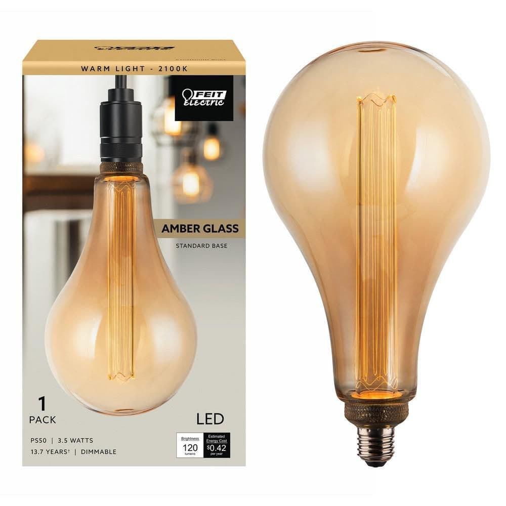 Feit Electric 25W Equivalent PS50 Dimmable Oversized Amber Glass E26 Vintage Edison LED Light Bulb Acrylic Filament Warm White 2100K (2)