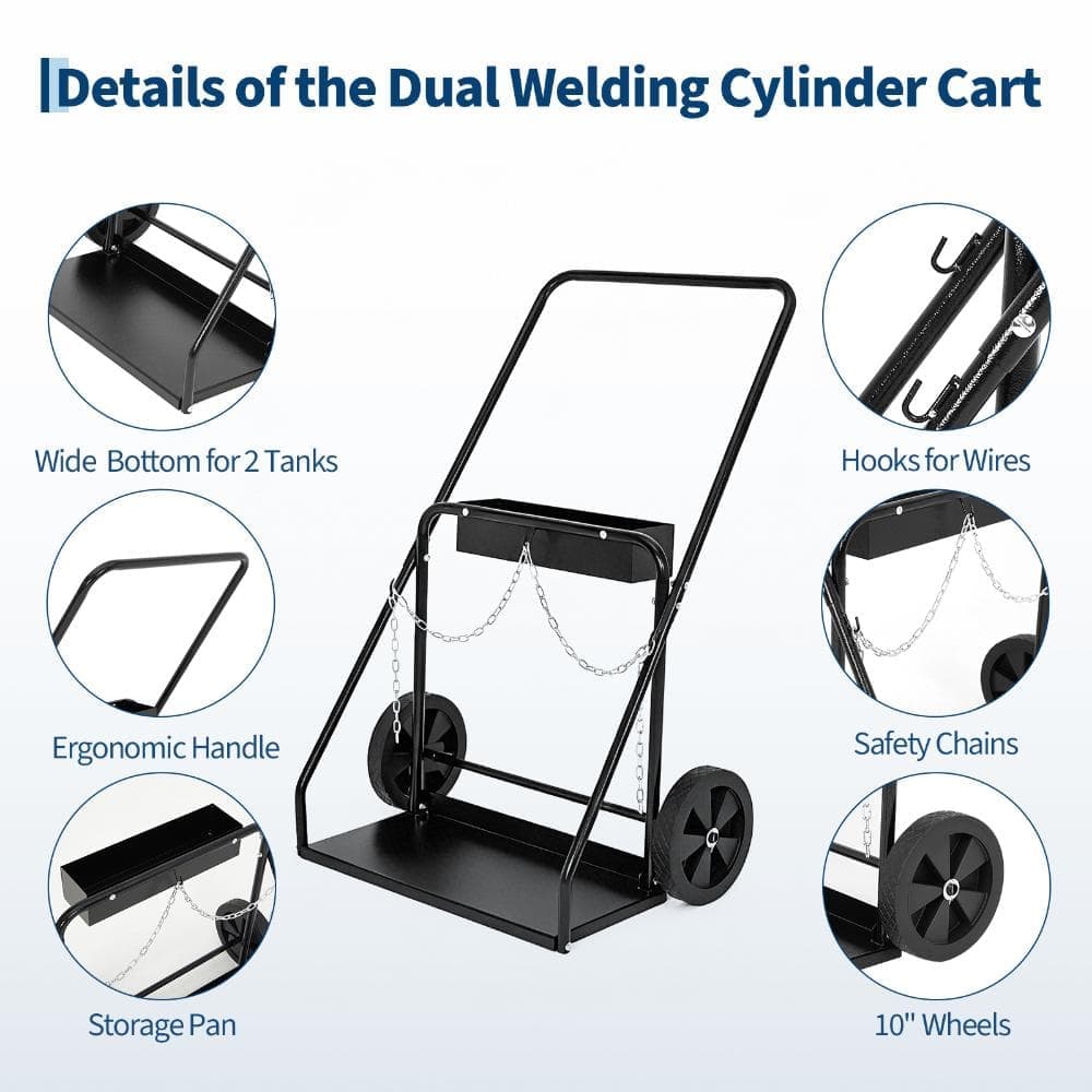 Unbranded Welding Cylinder Cart,Heavy Duty Carbon Steel Oxygen Acetylene Tank Cart Rolling Welder Cart with Handle and Chains (3)