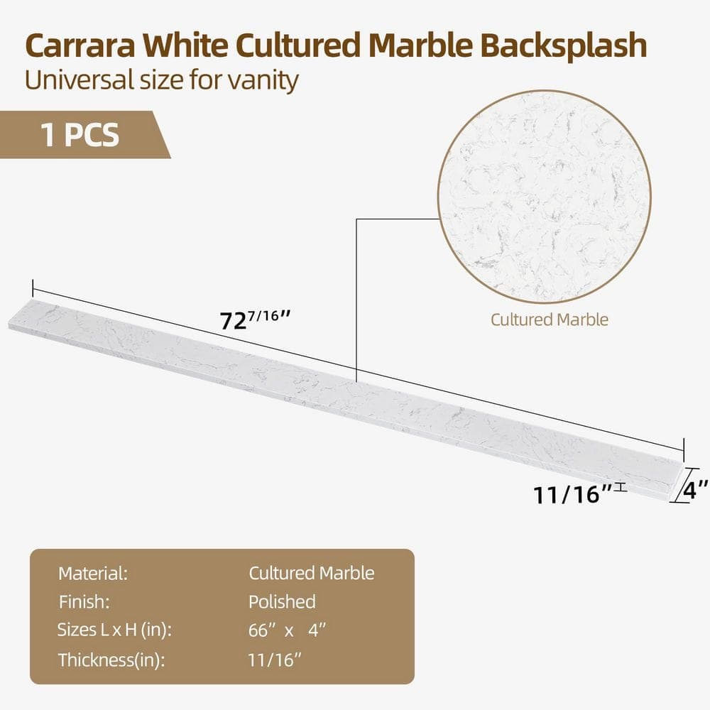 Zeafive Cala 72.5 in. W Cultured Marble Vanity Backsplash Bathroom Countertop Splash Guard in Carrara White (2)