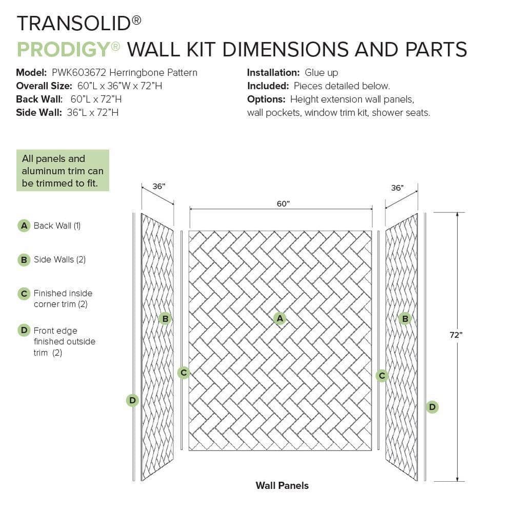Transolid Prodigy 60 in. W x 72 in. H x 36 in. D 3-Piece Glue-Up Alcove Shower Surround in Dark Grey Herringbone Tile (3)