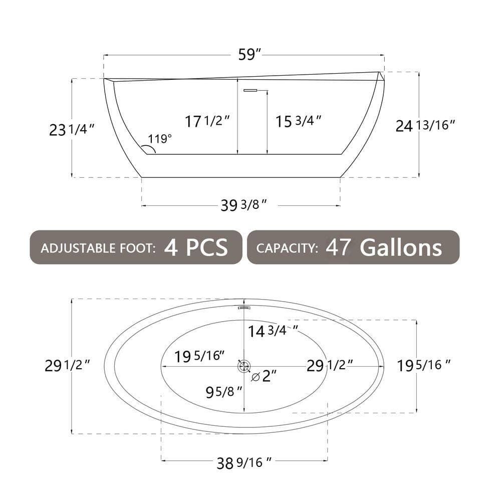 Zeafive Ome 59 in. x 29.5 in. Acrylic Freestanding Soaking Bathtub Flatbottom Modern Oval Tub with Anti-Clogging Drain in White (2)