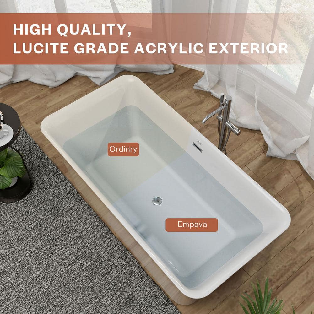 Empava 59 in. Acrylic Flatbottom Center Drain Rectangular Freestanding Soaking Bathtub in White with Chrome Overflow and Drain (2)