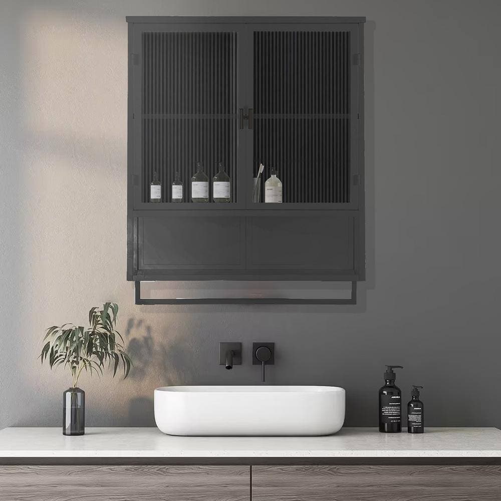 FUNKOL 9 in. W x 24 in. D x 31 in. H Double-Glass Door Bathroom Storage Wall Cabinet in Black (3)