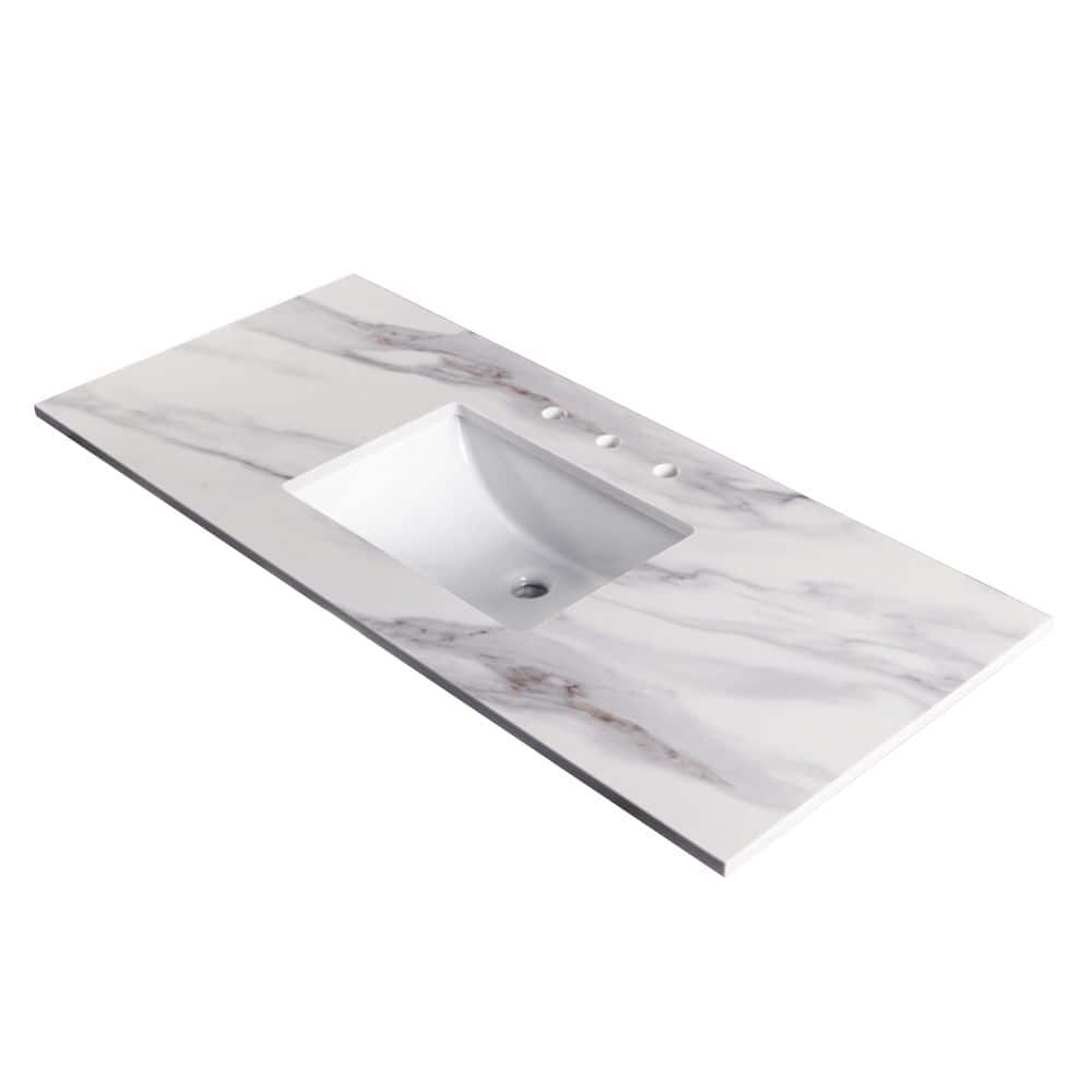 A&A Surfaces Grigio Venato 49 in. x 22 in. Ceramic Quartz Polished White Rectangular Single Sink Undermount Vanity Top in Beige (1)