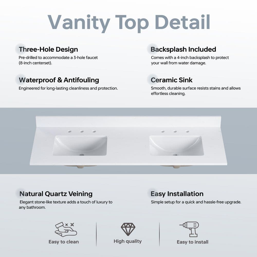 DELUXE DL LIVING 61 in. W x 22 in. D Quartz White Rectangular Double Sink Bathroom Vanity Top in Carrara White (2)