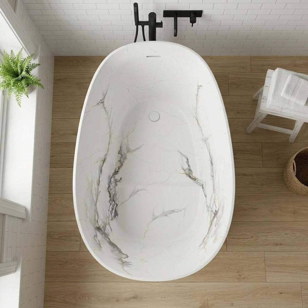 POCCI&VANCCI 51 in. Solid Surface Flatbottom Freestanding Soaking Bathtub with Built-in Seat in White Marble Finish (3)