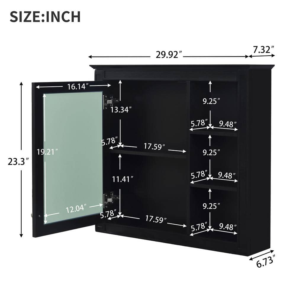 cadeninc 29.92 in. W x 7.32 in. D x 28 in. H  Wall Mounted Bathroom Storage Cabinet in Black with Mirror and  3 Open Shelves (2)