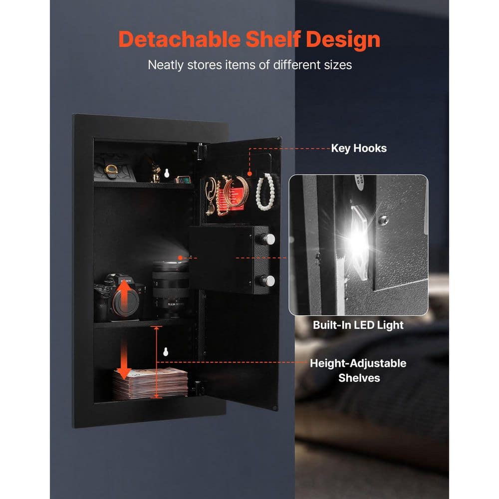SKYSHALO 3-Tier Wall Safe, Q235 Steel Hidden In-Wall Safe with Password and Key LED Light, 2 Adjustable Shelves Drop Safes (3)