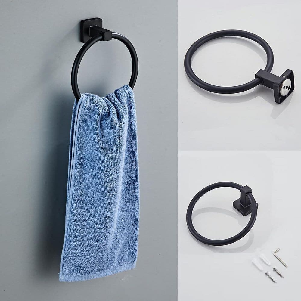 Anqtovp 4-Piece Bathroom Hardware Set with Towel Bar, Towel Ring, Toilet Paper Holder, Hook in Matte Black Finish (3)