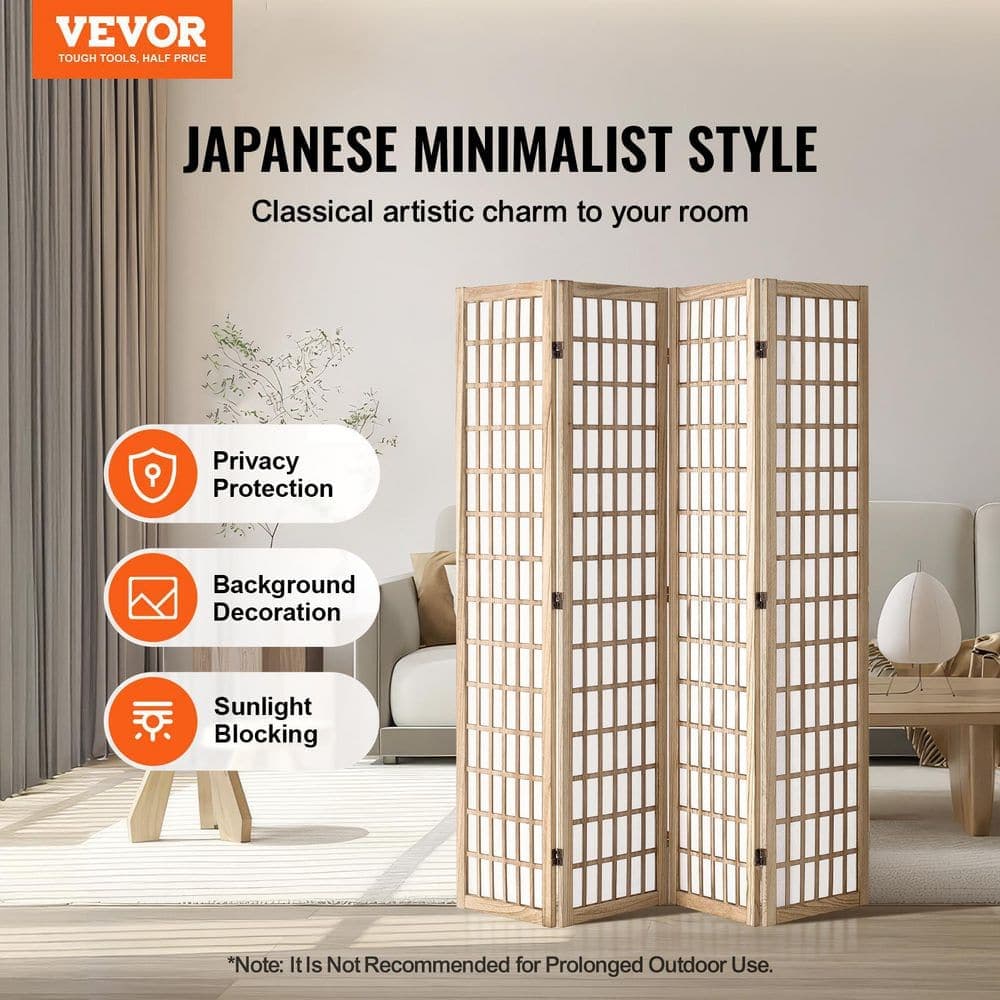 VEVOR Room Divider, 4-Panel Japanese Room Divider, Folding Privacy Screen Indoor, Portable Partition Screens Natural wood (2)